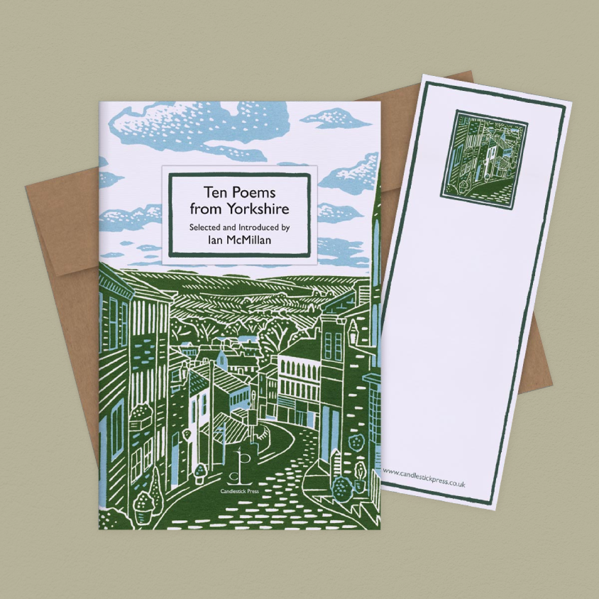 A poetry set featuring a printed poem card titled 'Ten Poems from Yorkshire' with blue sky and green architectural line art, shown with a brown envelope and a matching white bookmark on a beige background.