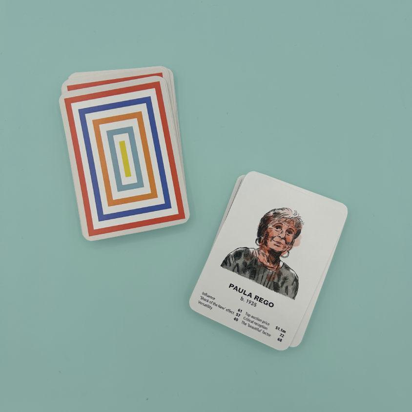 Two cards on a light aqua background: one card face shows a portrait labeled PAULA REGO with small text, and the other card back shows concentric colored rectangles in red, orange, blue, and yellow. 