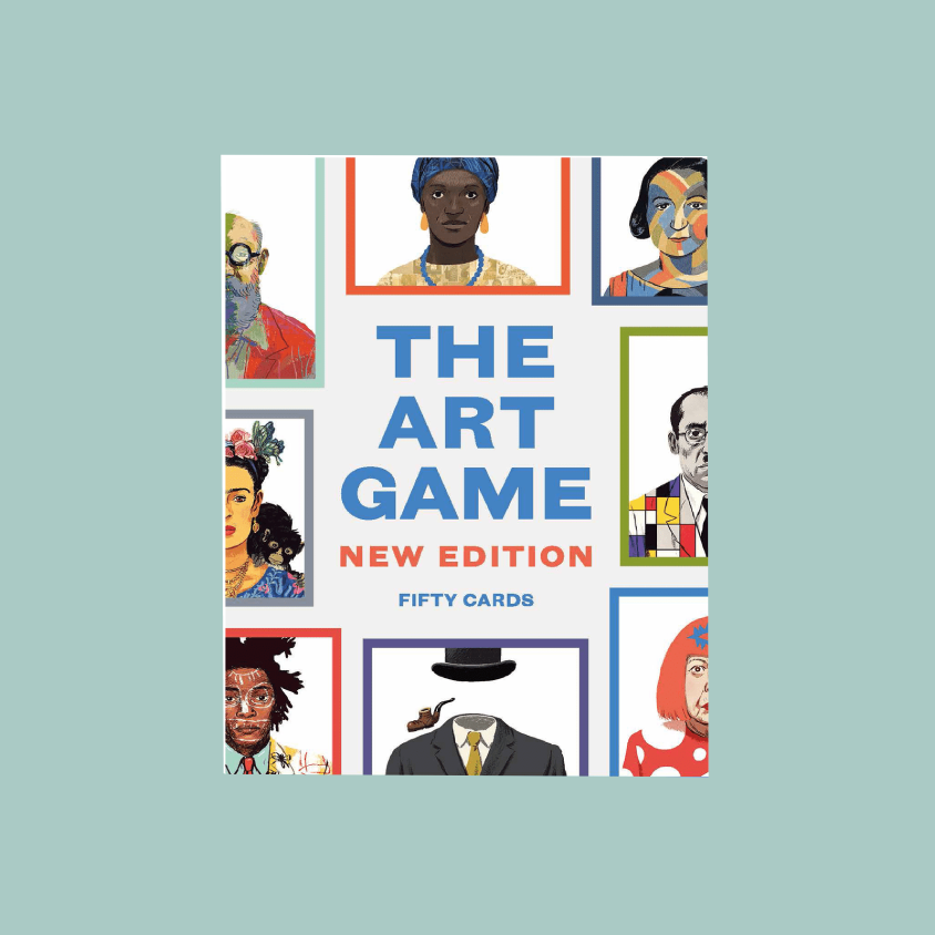 The Art Game New Edition card deck box on a solid light blue background. The box features a white center with blue and orange text reading 'THE ART GAME NEW EDITION FIFTY CARDS' and is surrounded by colorful illustrated portraits of famous artists in a grid layout.
