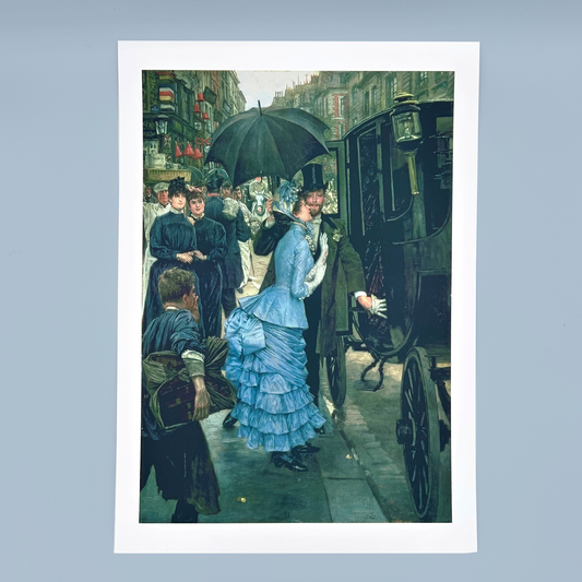 A3 print of 'The Bridesmaid' by James Tissot, on a light blue background.