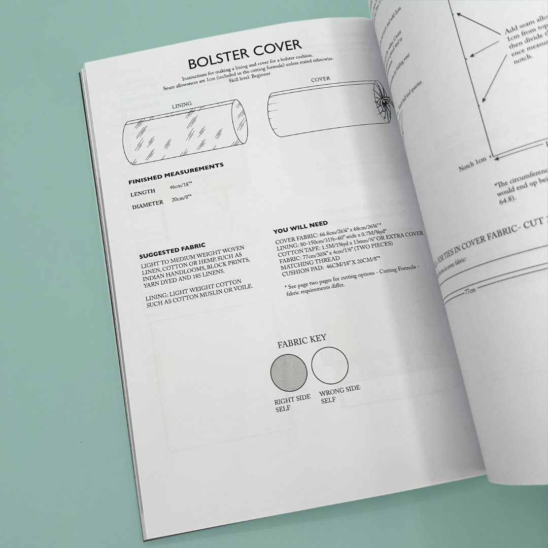 Inside pages of a book showing the pattern for a bolster cover.