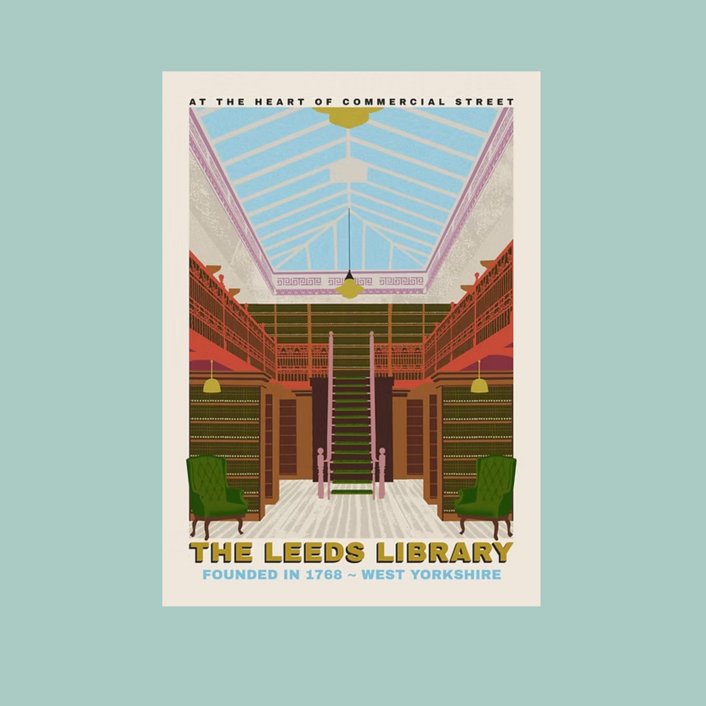 Illustration of The Leeds Library interior with green chairs and a high ceiling.