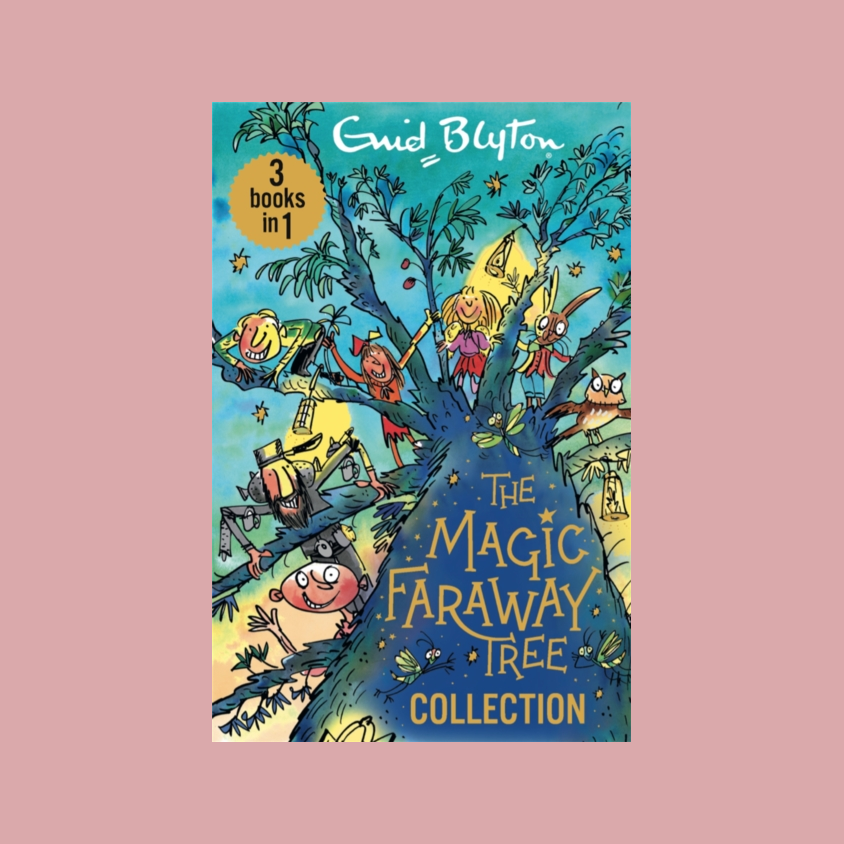 The Magic Faraway Tree Collection book cover by Enid Blyton, featuring a whimsical cartoon tree with children and animals in a magical forest scene, centered on a dusty pink background.