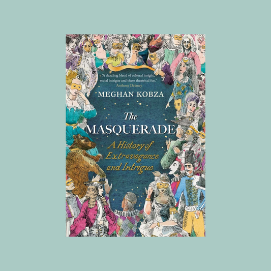 Book cover of 'The Masquerade' by Meghan Kobza with illustrations of people in masquerade costumes on a light blue background.