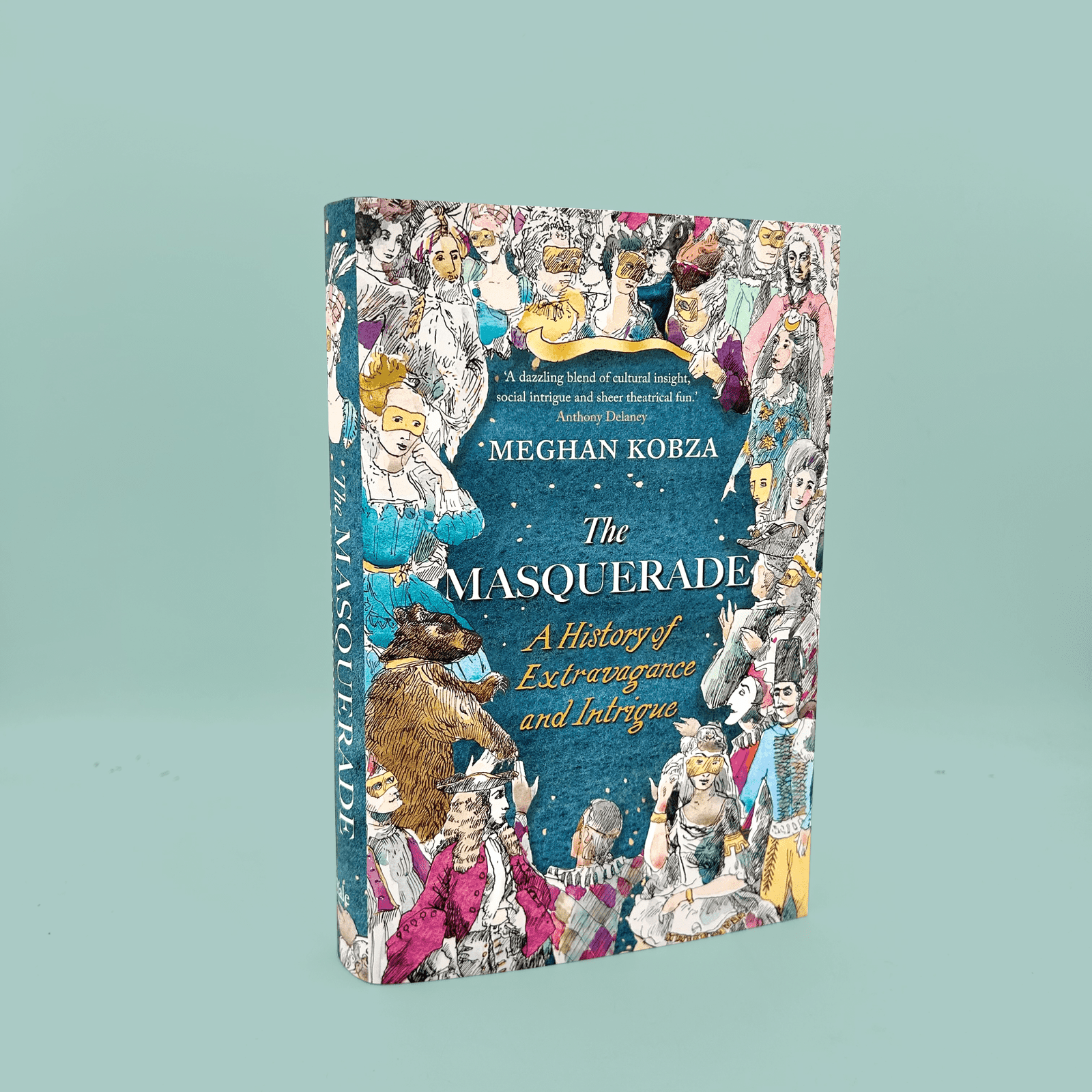 Book cover of 'The Masquerade' by Meghan Kobza on a light blue background