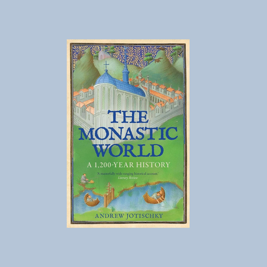 Book cover of 'The Monastic World' with a blue and green color scheme on a light blue background.
