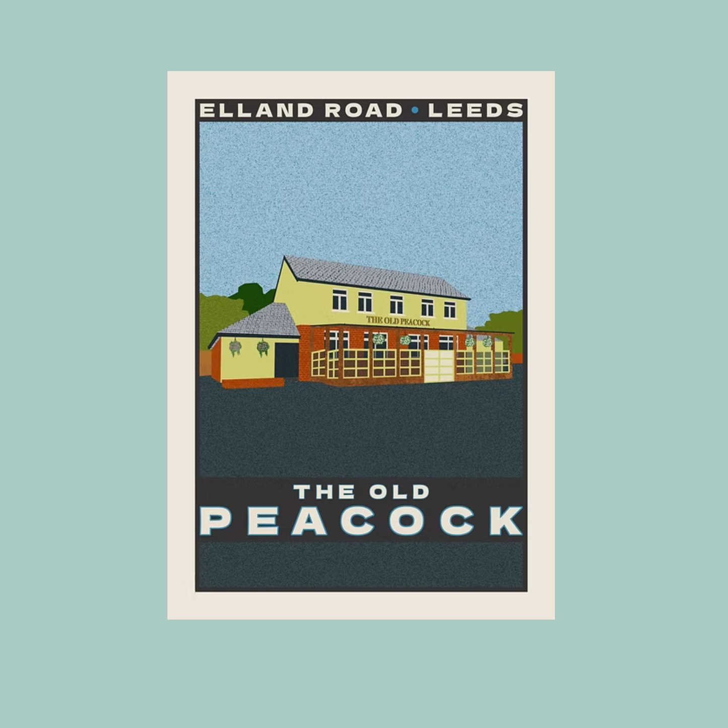 Illustration of a building labeled 'The Old Peacock' at Elland Road, Leeds on a light blue background.