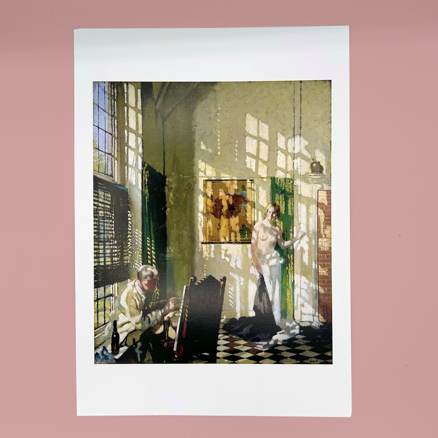 Art print of a person painting a nude figure in an artists studio. 