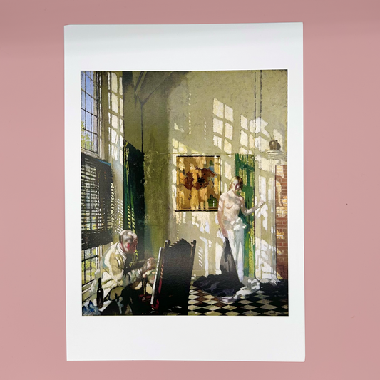 Art print of a person painting a nude figure in an artists studio. 