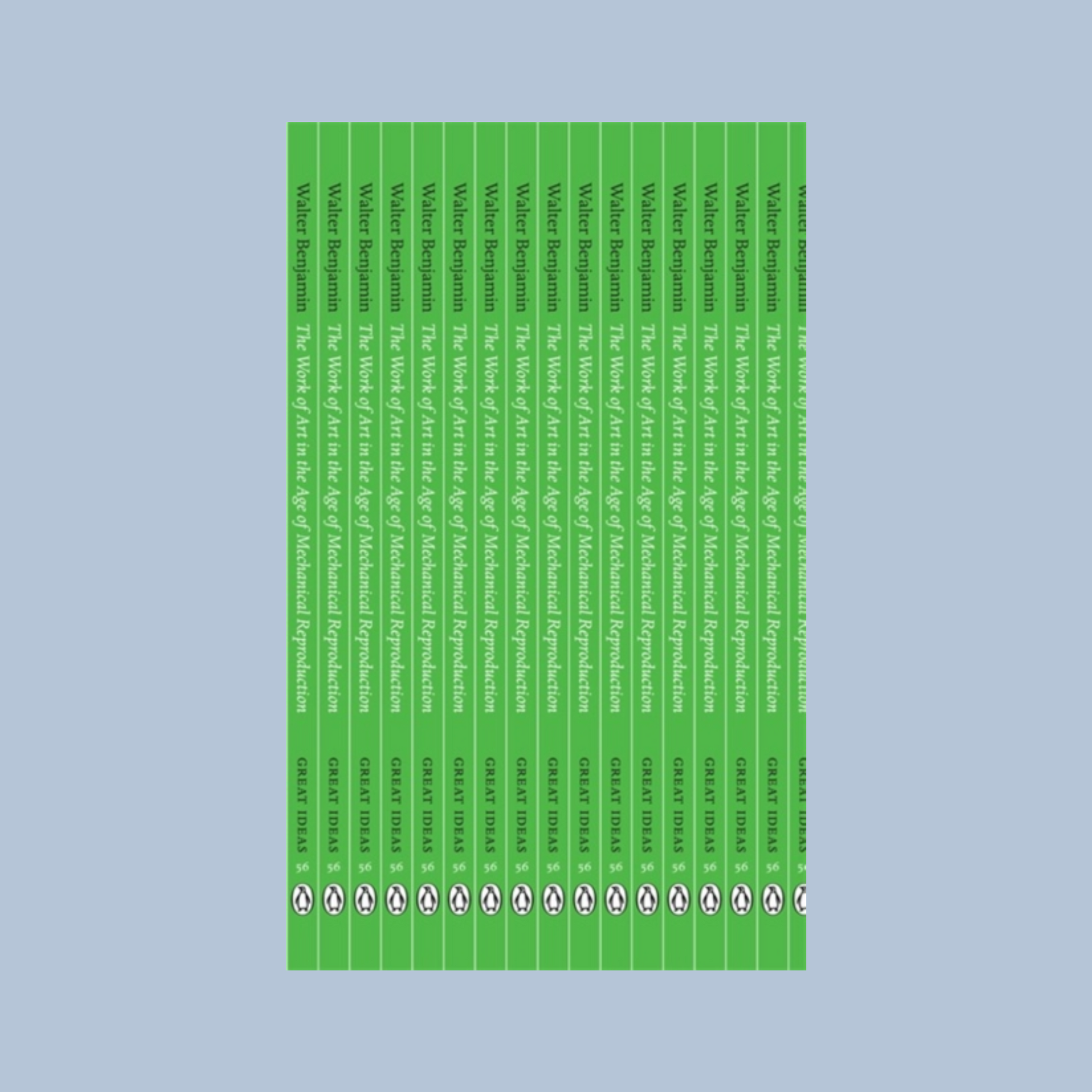 Front cover of 'The Work of Art in the Age of Mechanical Reproduction' which has an illustration of repeated book spines which are green on a  with white text. The book is on a light blue background.