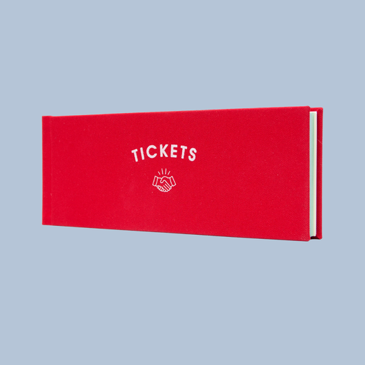 Red ticket holder with 'TICKETS' text on a light blue background