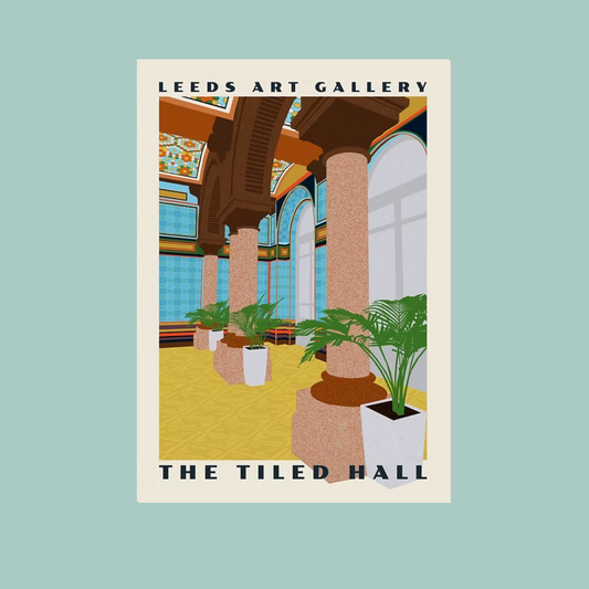 Postcard of Leeds Art Gallery's The Tiled Hall with a light blue background