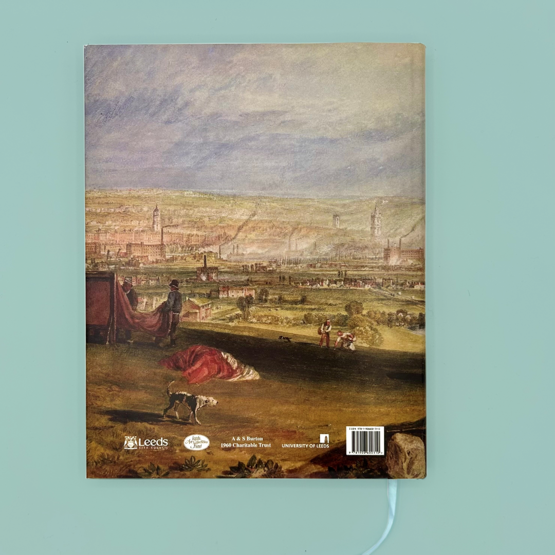 Back of a book featuring Turner's 'Leeds from Beeston Hill' painting, on a light blue background. 