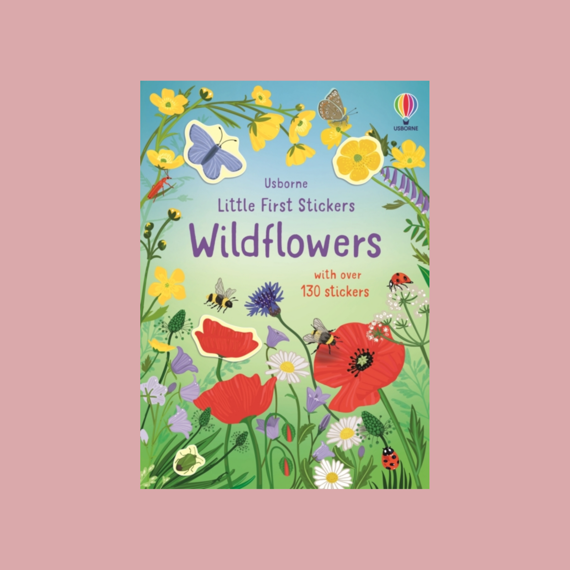 Book cover of 'Little First Stickers Wildflowers' with colorful illustrations on a pink background