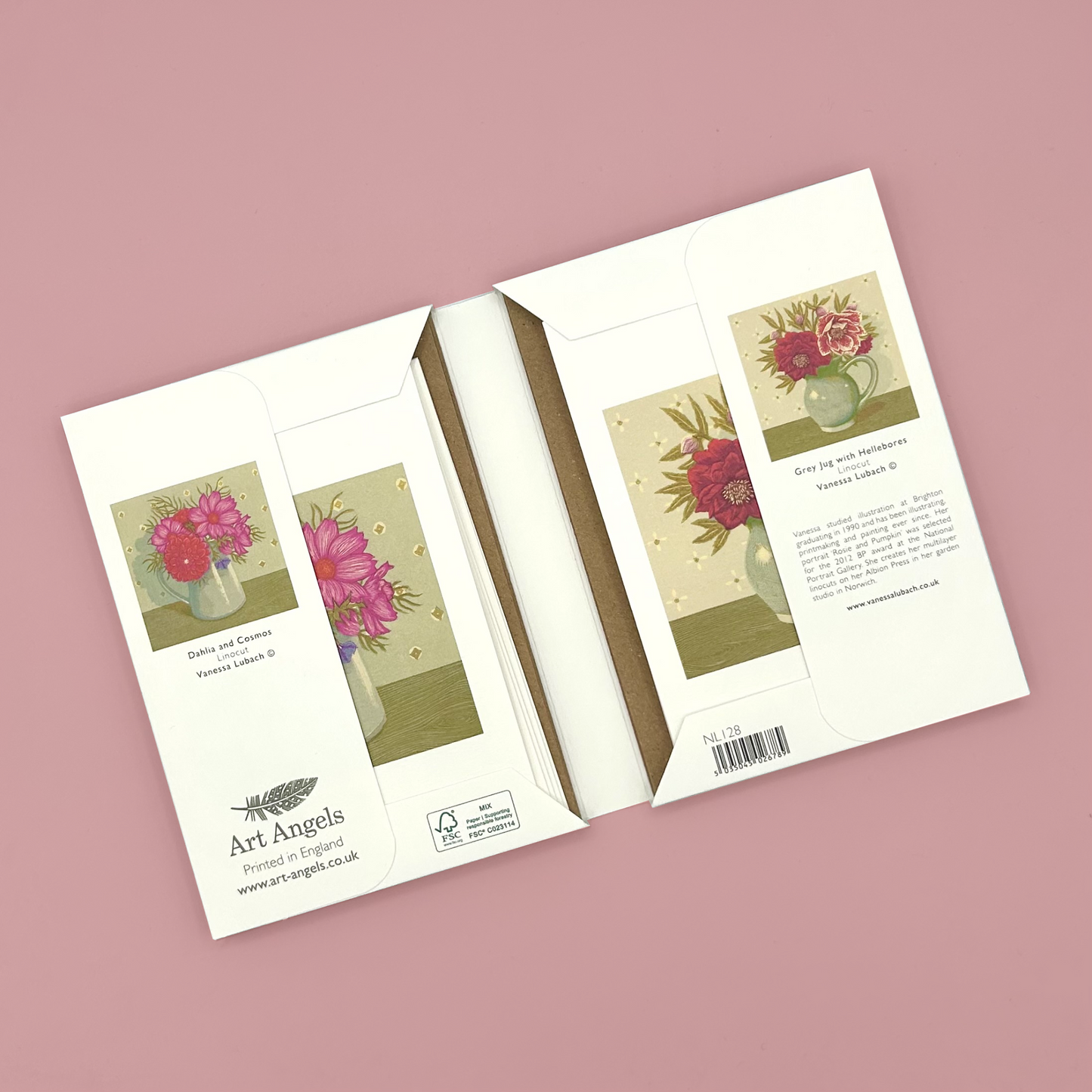 Open casing for floral notecard sets.