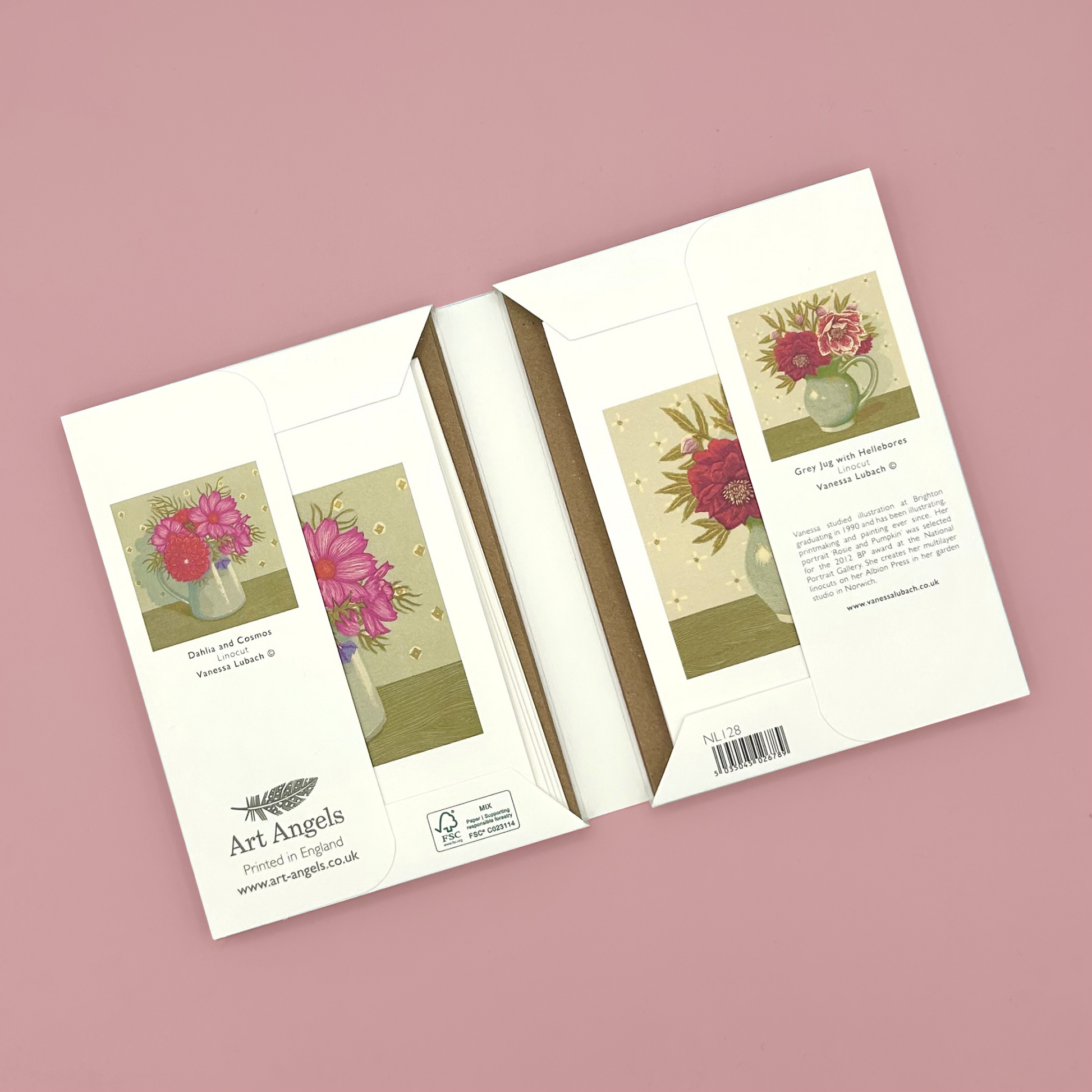 Open casing for floral notecard sets.
