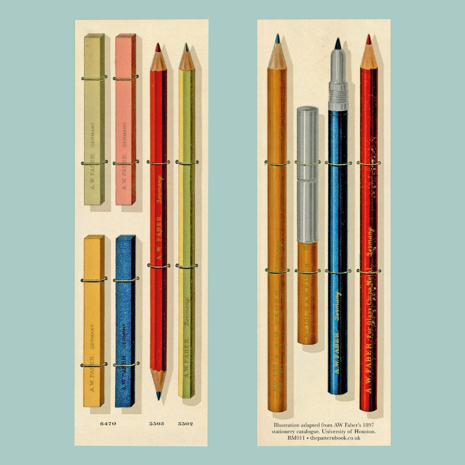 Bookmarks featruing vintage-style illustrations of two sets of colored pencils and pens. The left set includes light green, pink, red, and yellow pencils; the right set includes tan, silver, blue, and red writing instruments.