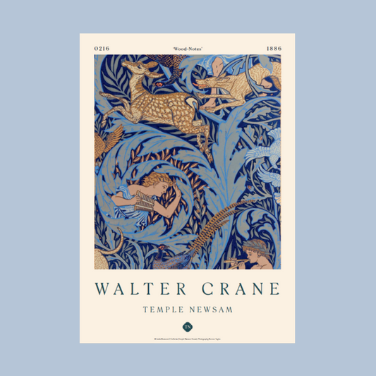 Decorative poster with intricate design and 'Walter Crane Temple Newsam' text on a beige background