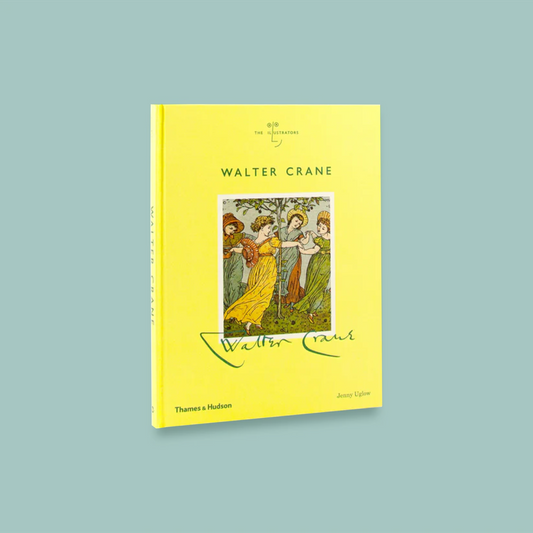 Book cover of 'Walter Crane' with a yellow background and illustration of three people in a forest.