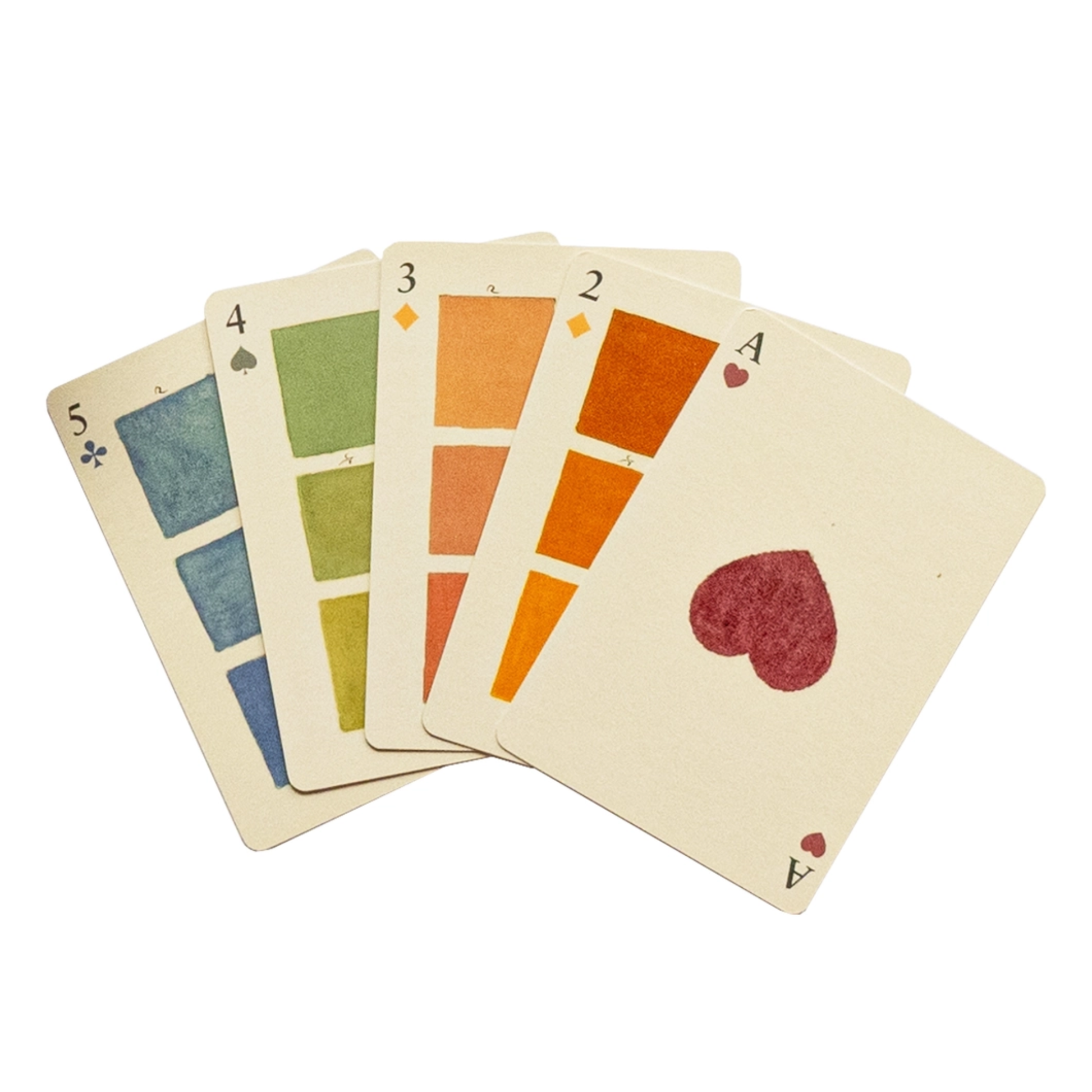 Set of playing cards with colorful suits on a white background