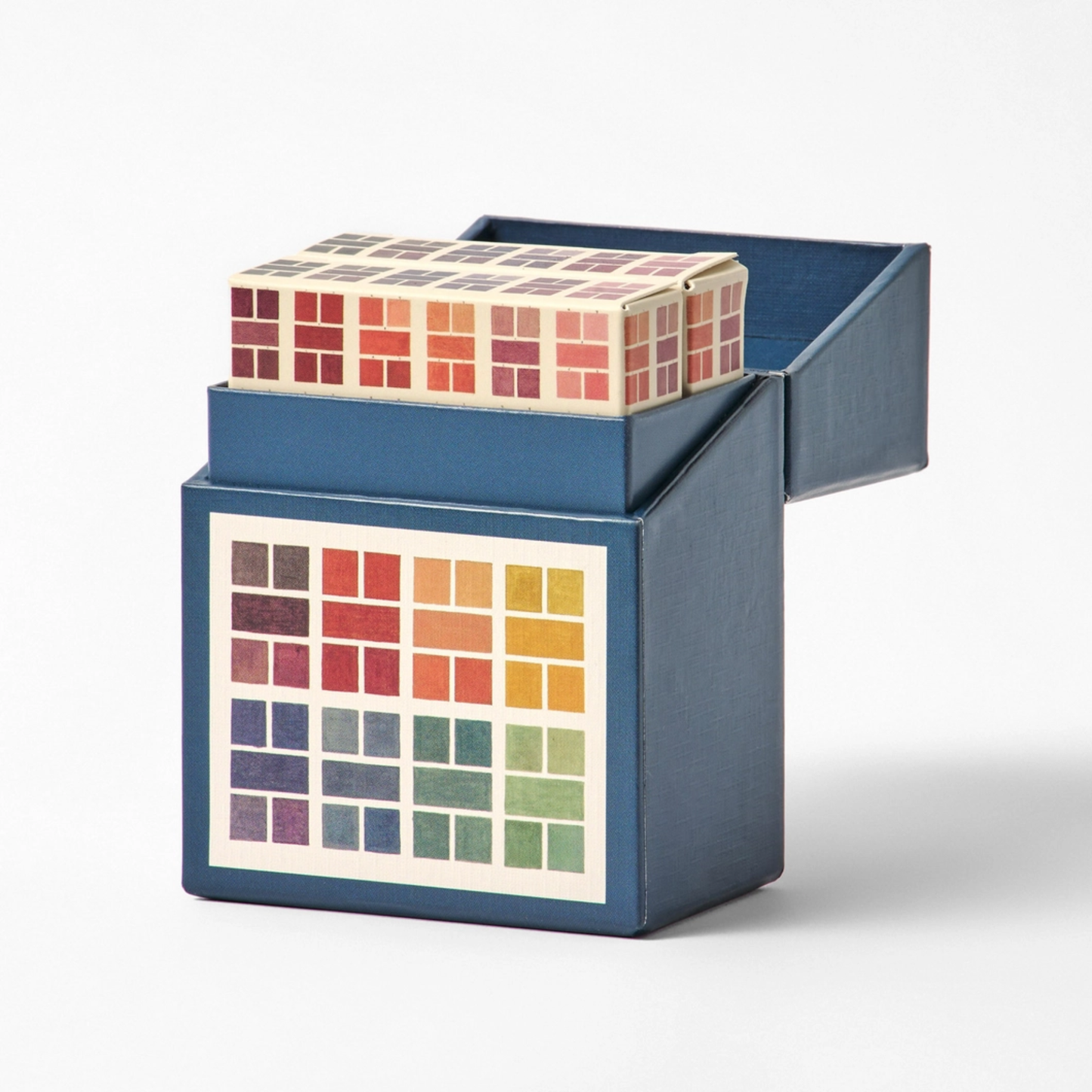 Blue box with colorful square patterns on a white background