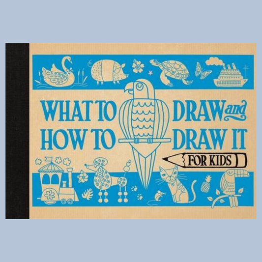 Book cover of 'What to Draw and How to Draw It for Kids' with illustrations and text on a blue background.