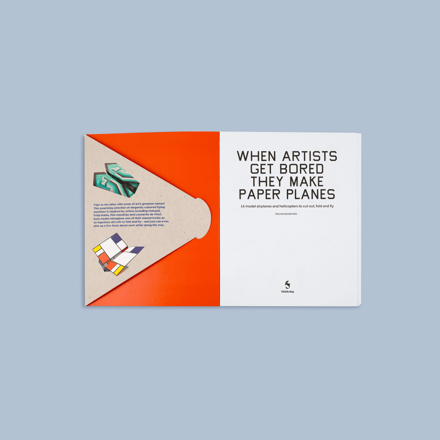 Inside cover of book with colourful paper planes on a light blue background