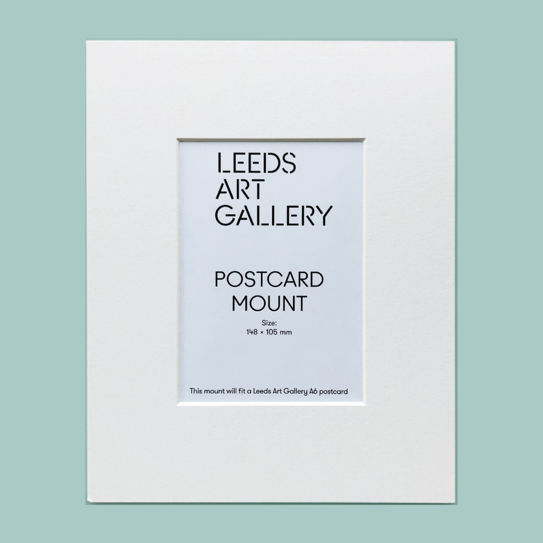 A white postcard mount on a blue background.