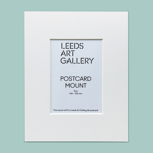 A white postcard mount on a blue background.