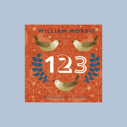 Book cover of 'William Morris 123' with birds and numbers on a red background