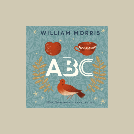 Book cover of 'William Morris ABC' with illustrations of an apple, teacup, and bird on a blue background.