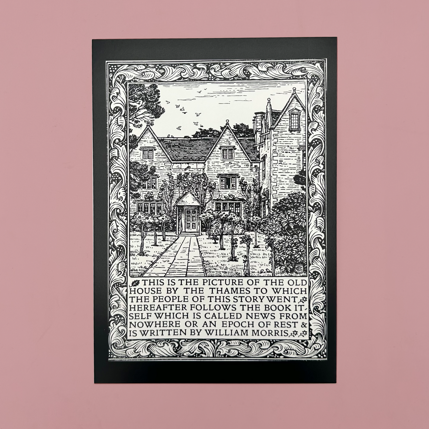 Decorative postcard of a house with text on a pink background