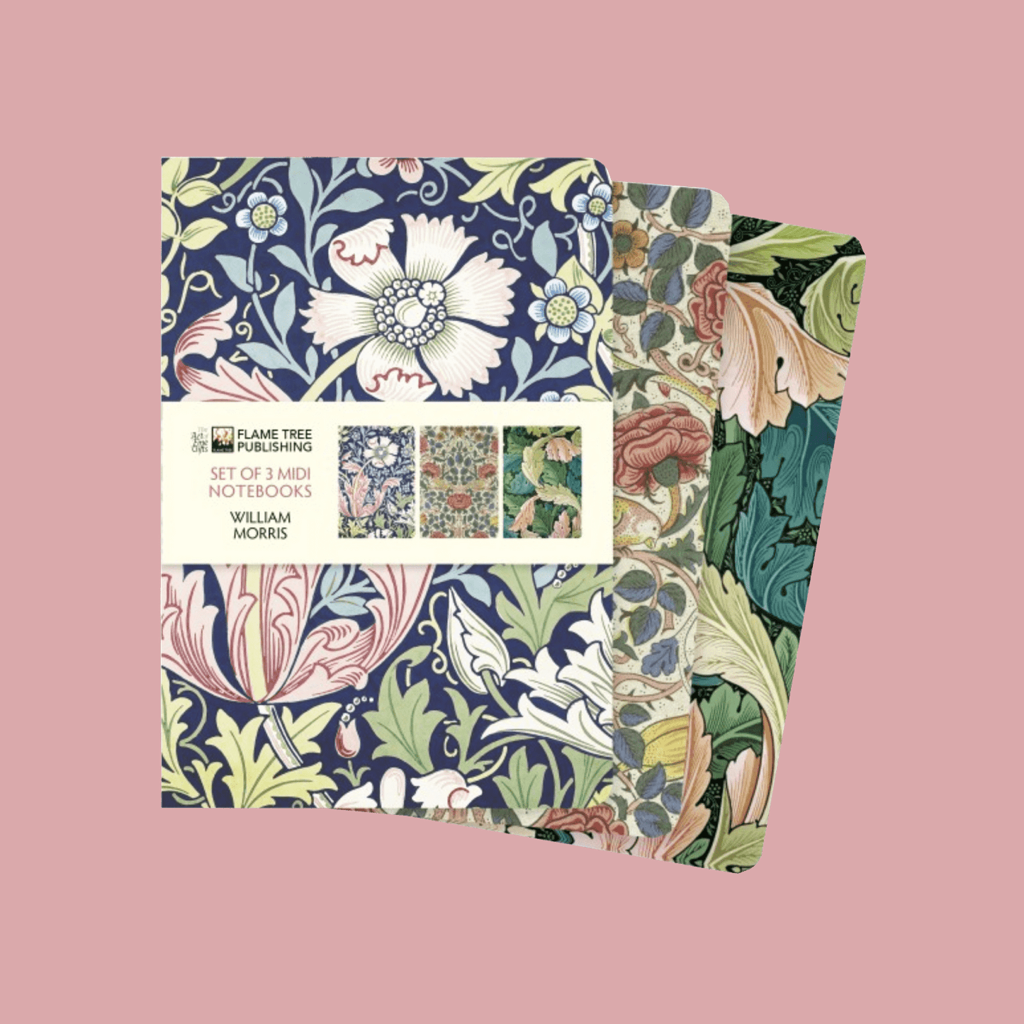 Set of three notebooks with floral design on a pink background