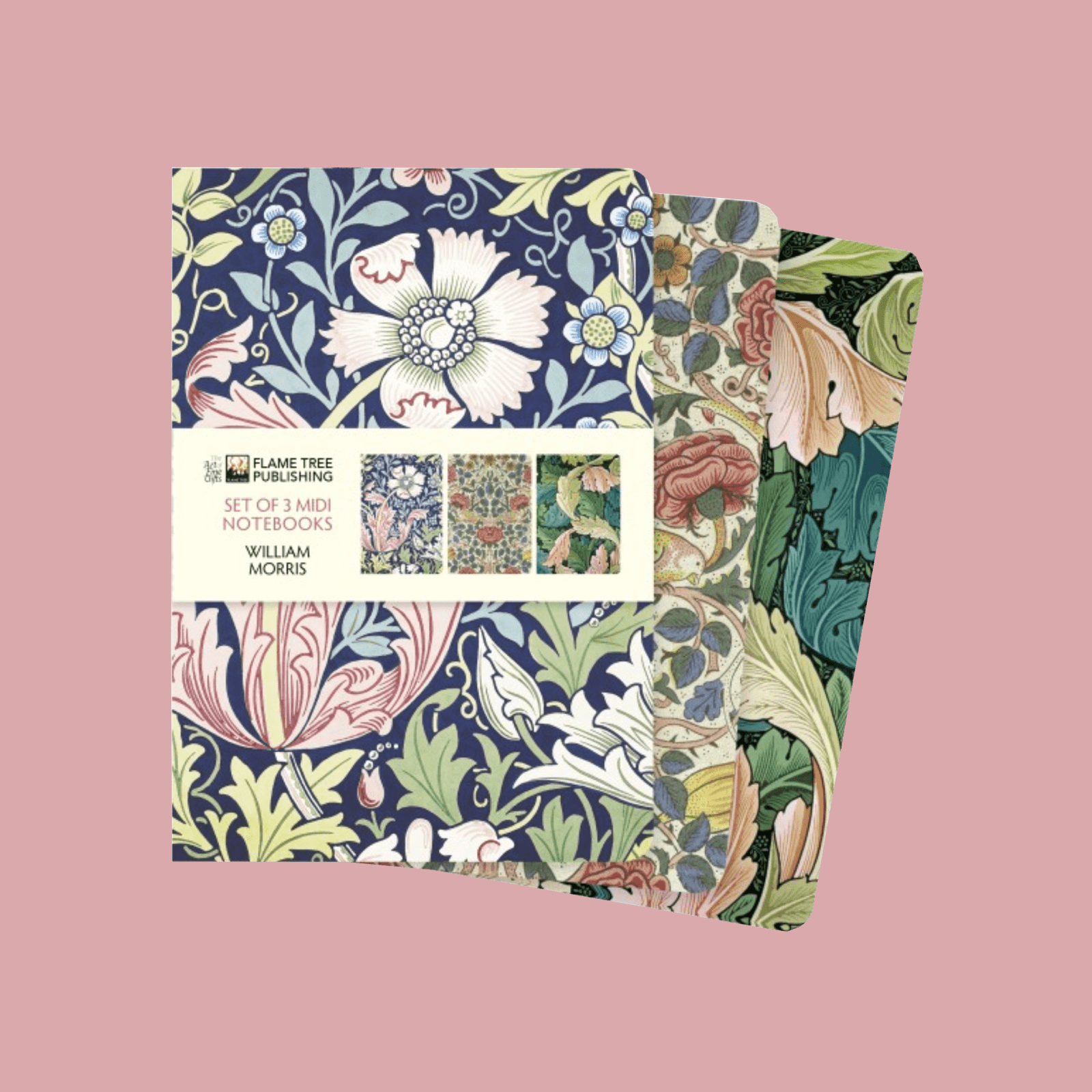 Set of three notebooks with floral design on a pink background