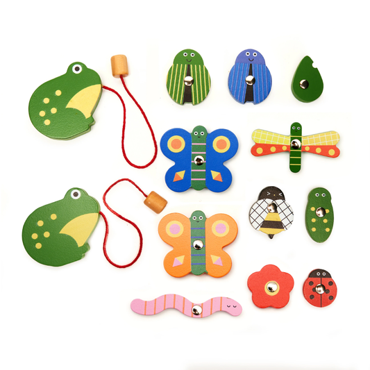 Colorful wooden insect toys on a white background