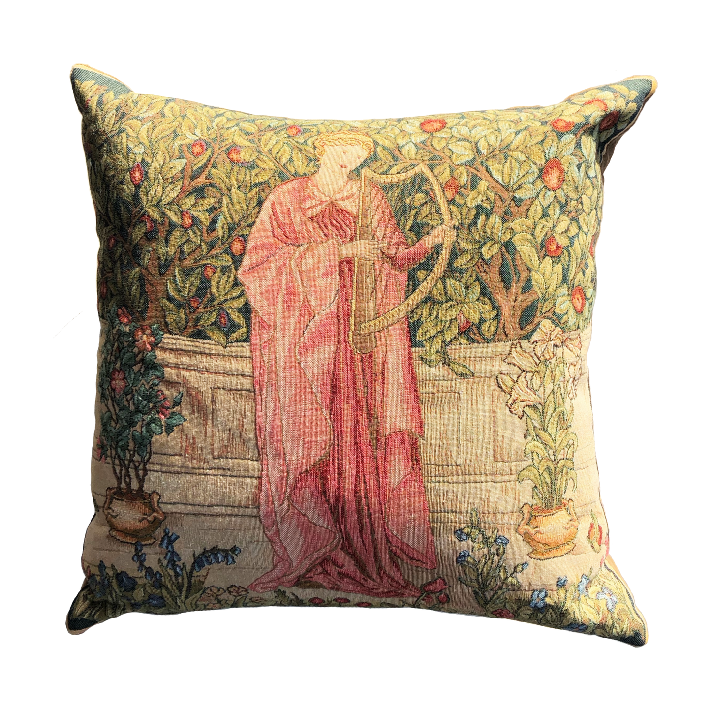 woven cushion of a medieval woman playing a harp on a white background