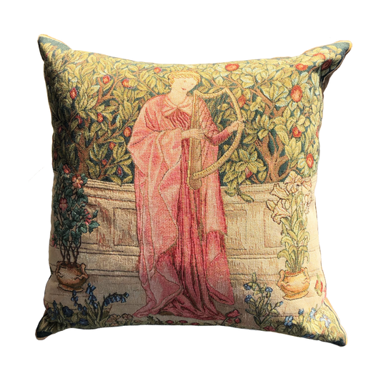 woven cushion of a medieval woman playing a harp on a white background