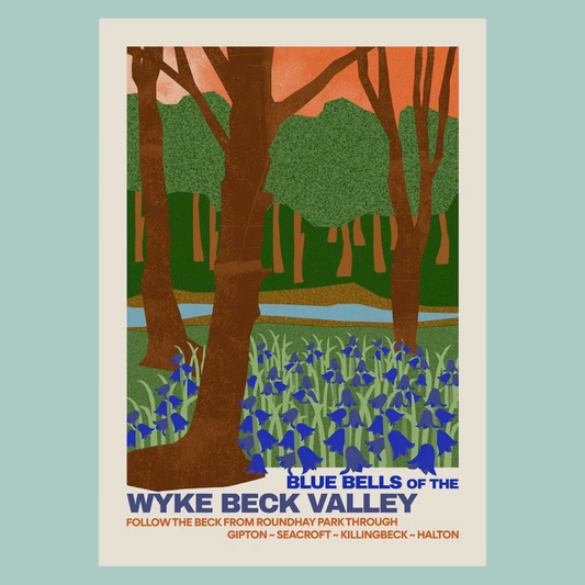 Poster of a forest scene with bluebells and text about Wyke Beck Valley on a light blue background.