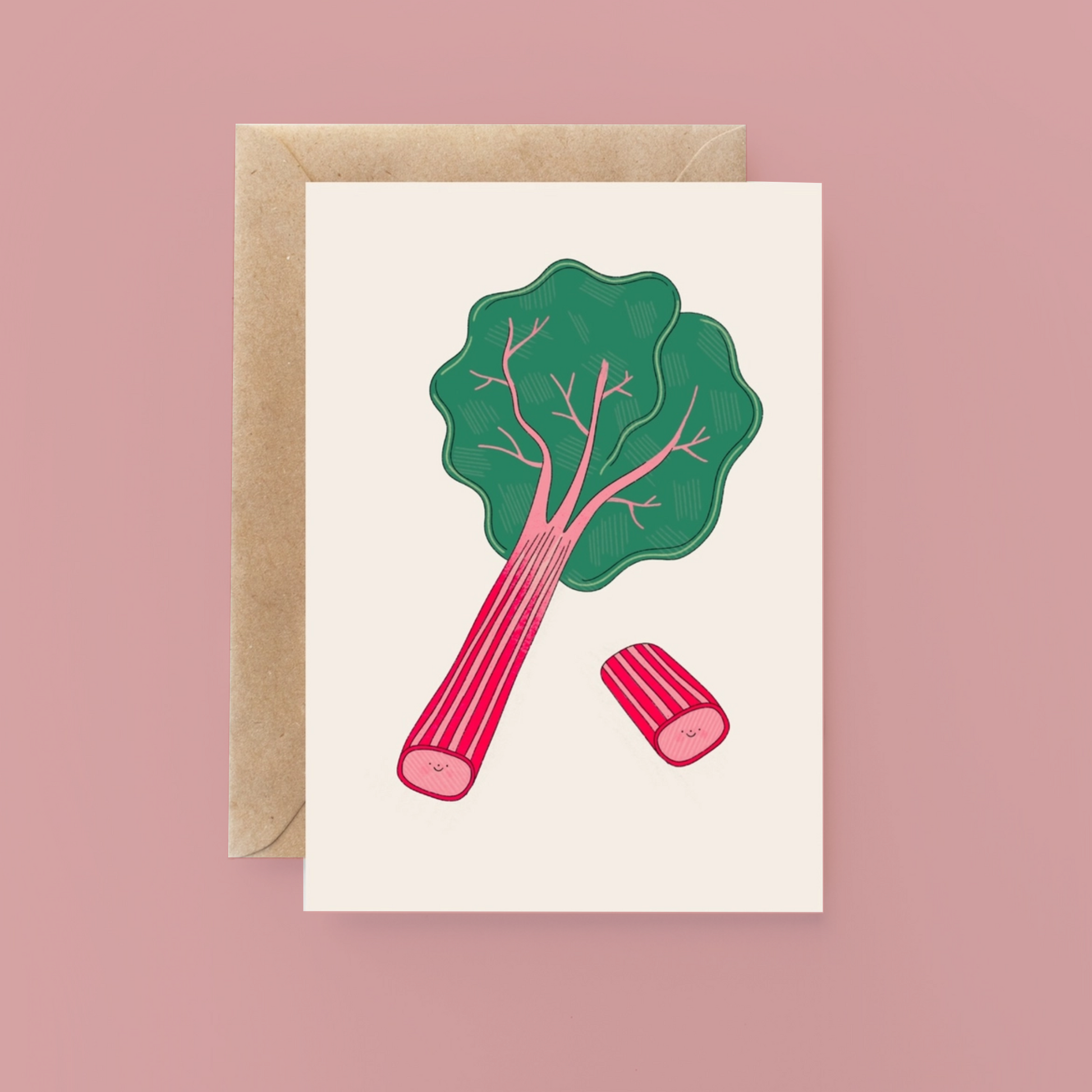 Greeting card with a stylized illustration of a rhubarb on a pink background