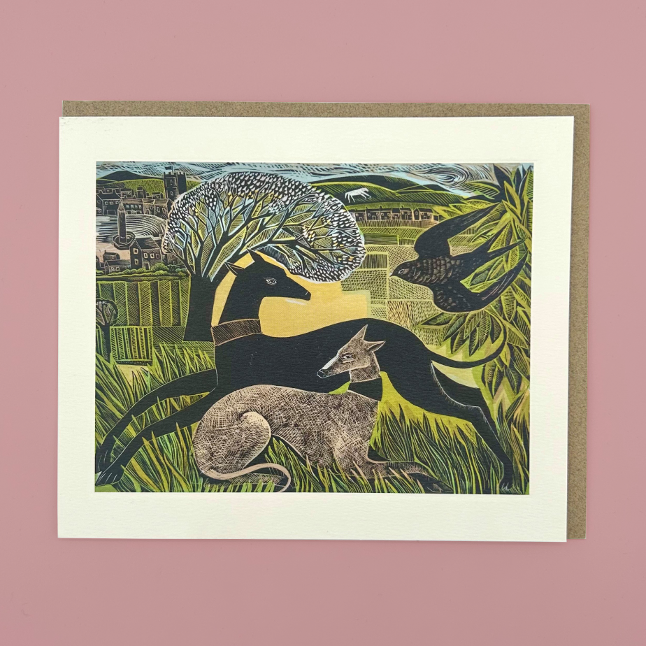 Greeting card with a nature-themed illustration of animals on a pink background