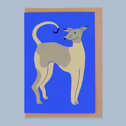 Illustration of a dog on a blue greetings card with a brown envelope.